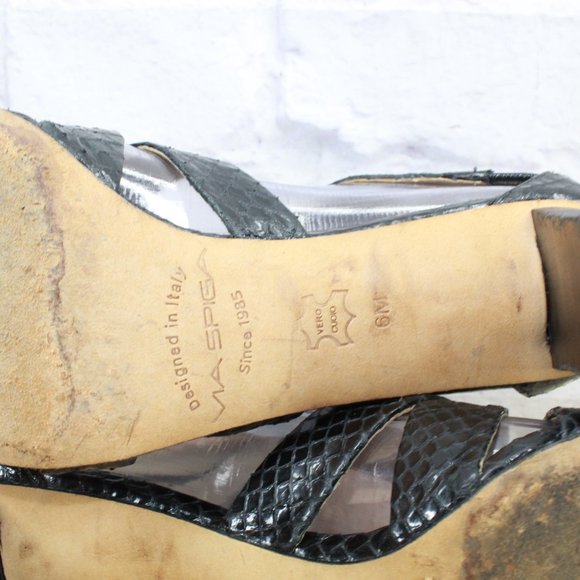 Via Spiga Black Snakeskin Patent Leather T Strap Heeled Sandals 6 M - Picture 8 of 11